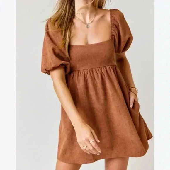 Women’s Med Brown Corduroy Fall Mini Dress Feminine Above The Knee‎ Bow Back - Picture 1 of 12